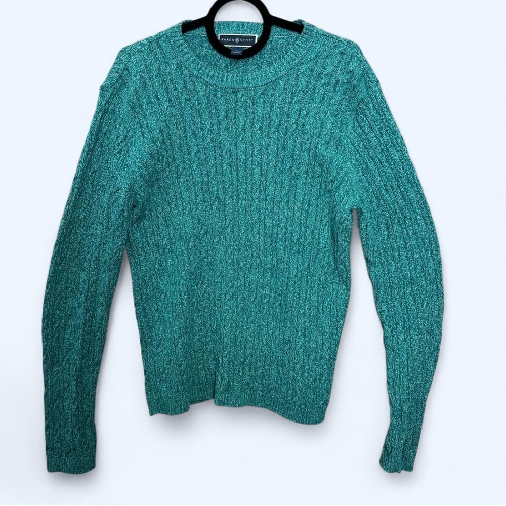 Karen Scott Teal Green Cable Knit Sweater‎ Cottagecore Eclectic Grandpa